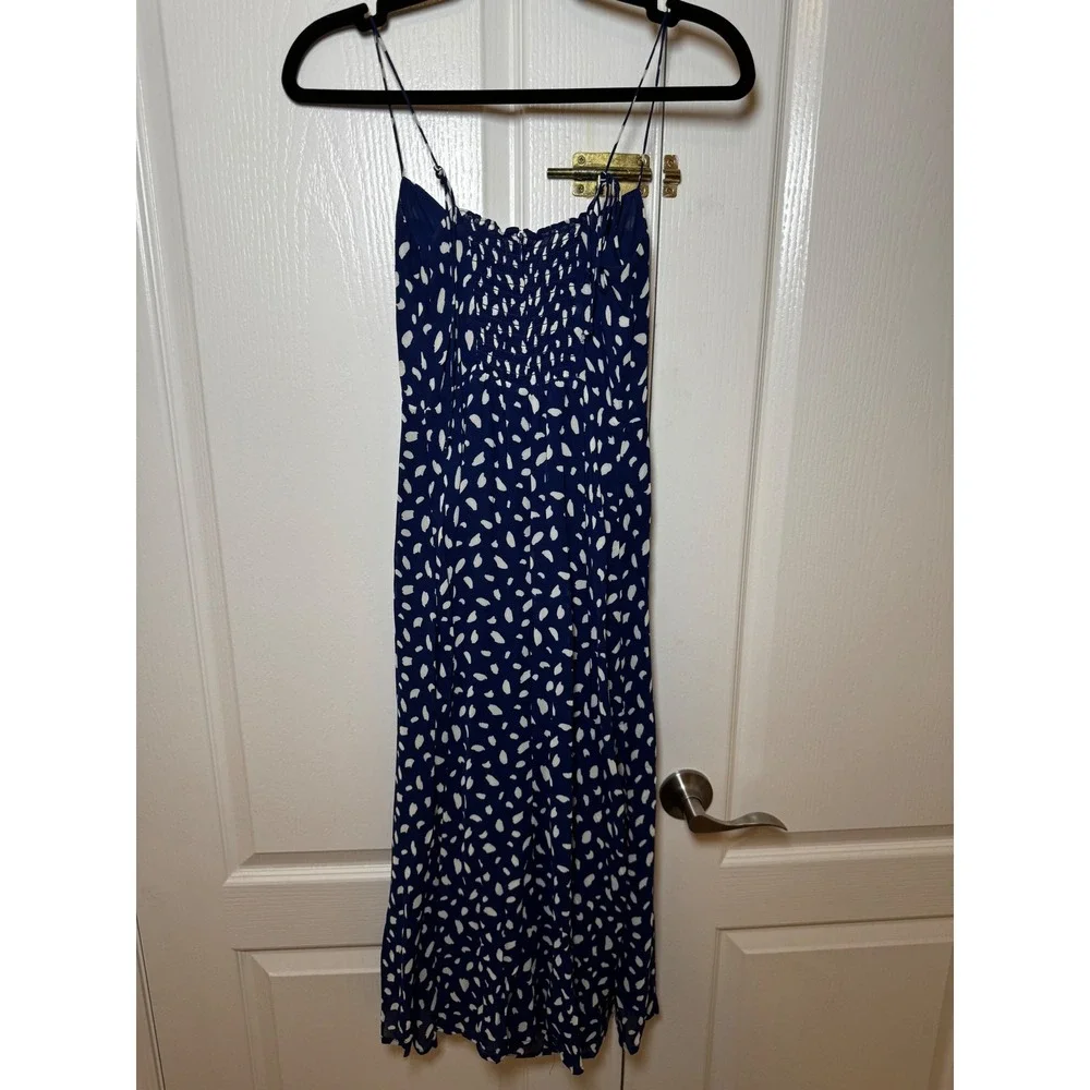 Reformation Juliette Midi Dress Blue White Polka Dot Slit Size 0
